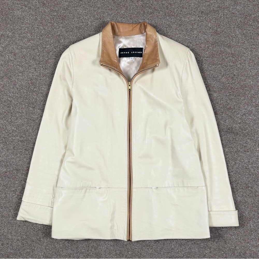 Vintage Beige Full‎ Zip Leather Jacket Women’s Small Contrast Collar Lightweight